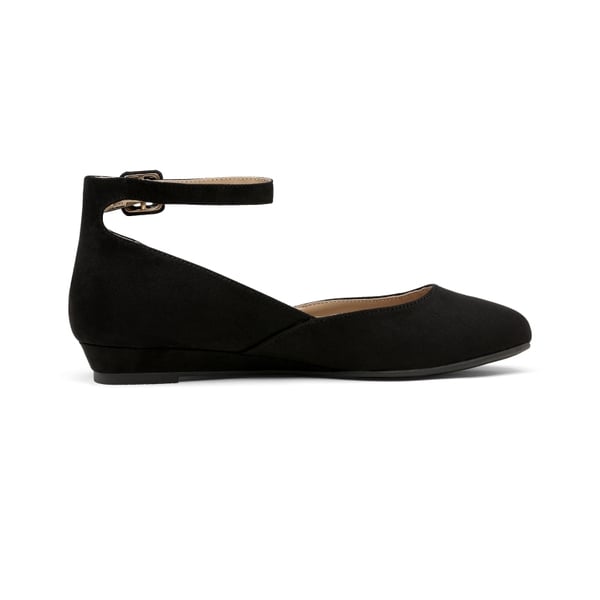 Comfortable Ankle Strap Low Wedge Flats - BLACK NUBUCK - 3